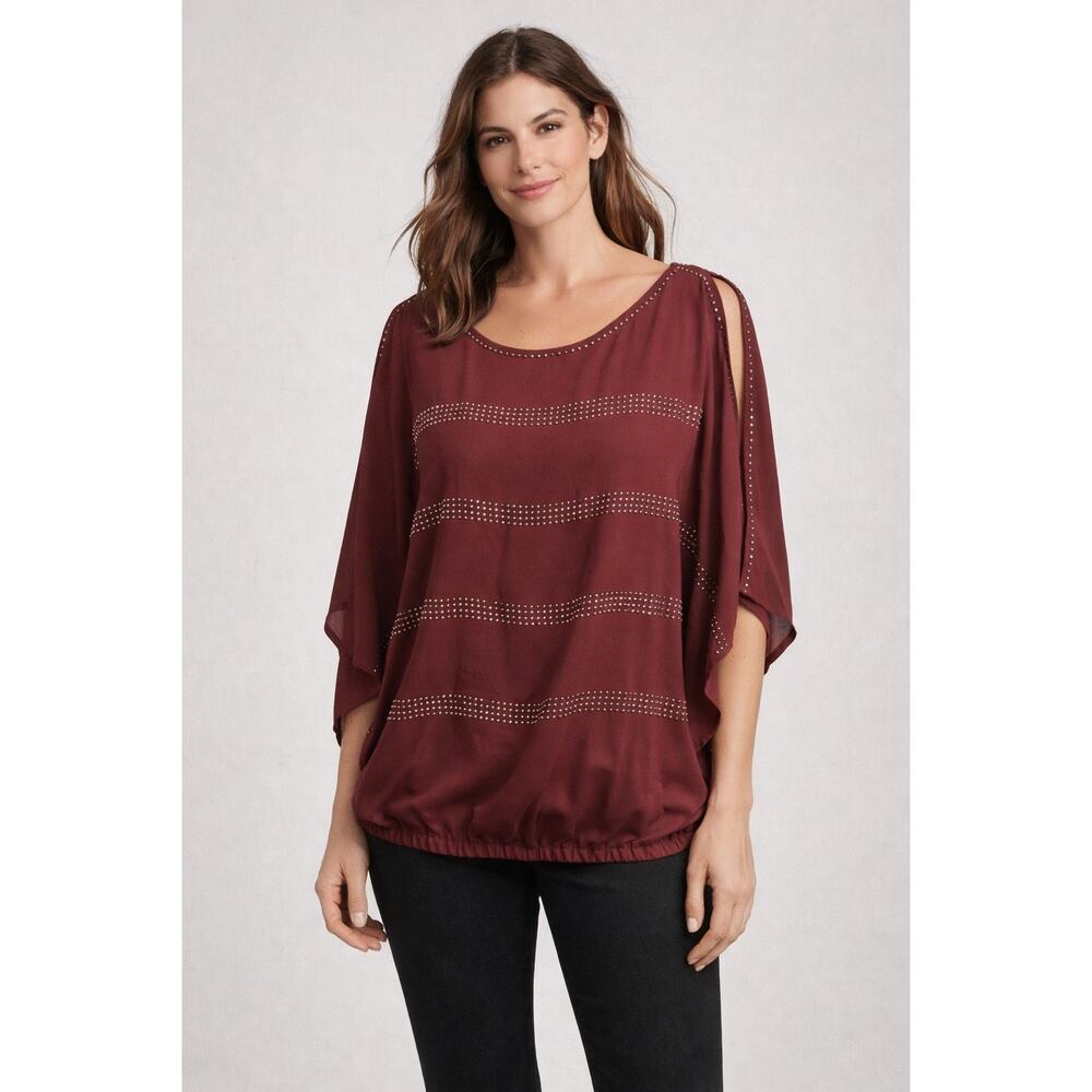 Jaipur Burgundy Studded Blouse Medium Sheer Batwing Sleeve Bubble Hem Boho Top